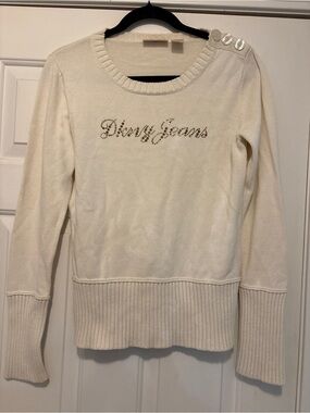 DKNY Cream Crewneck Sweater with Rhinestone Logo & Shoulder Buttons
